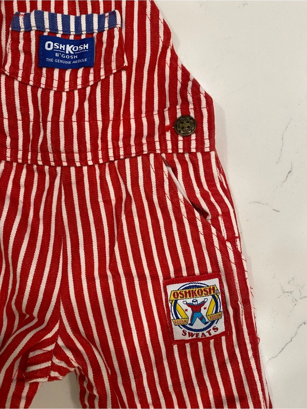 Vintage OshKosh B'gosh red, white striped 100% cotton overalls made in USA 12mo